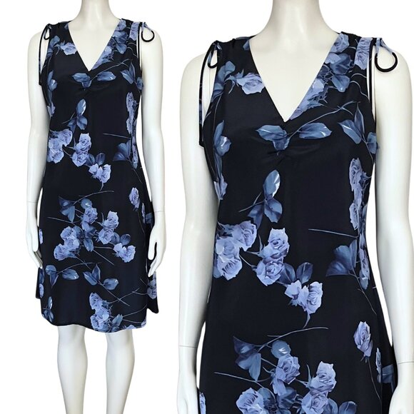 Vintage Dresses & Skirts - Vintage 90s Y2K Blue Navy Floral Fairycore Whimsigoth Dress Small Sundress Bows